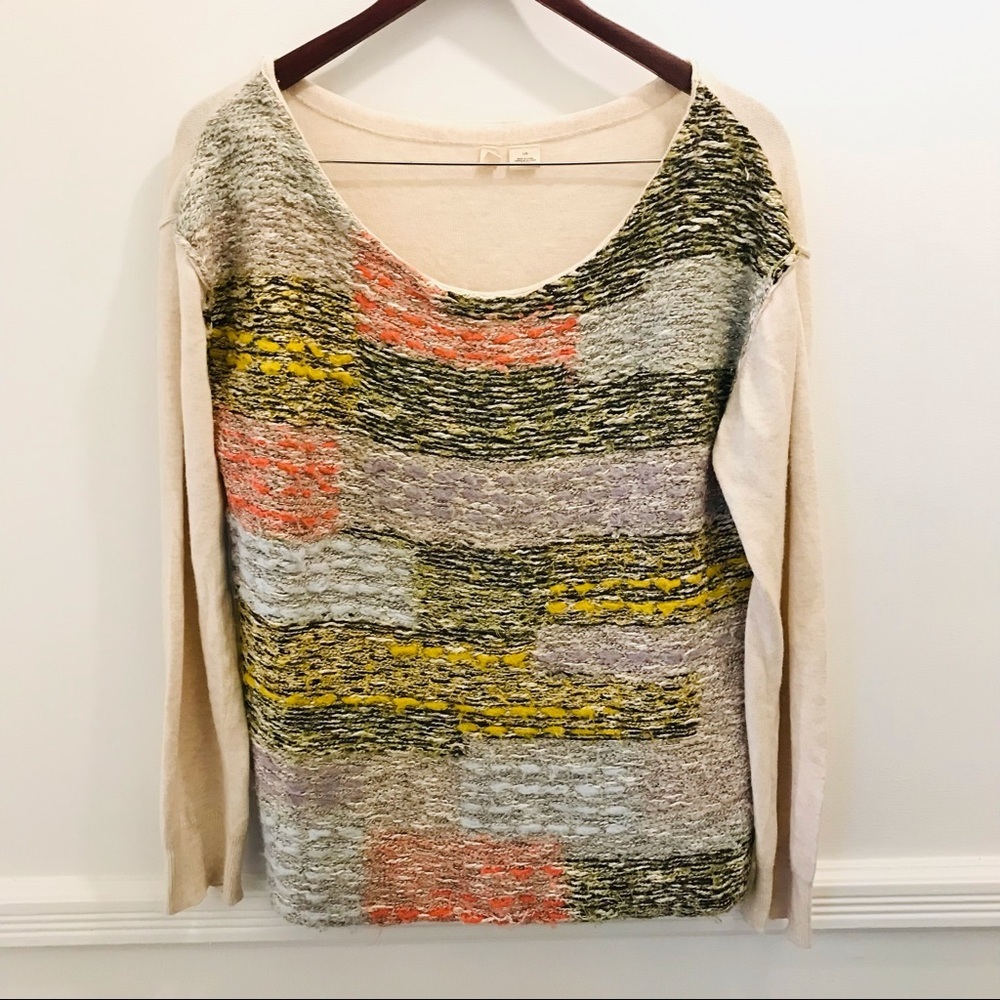 Anthropologie Moth Marled Patch Sweater Large cream green pink yellow cashmere